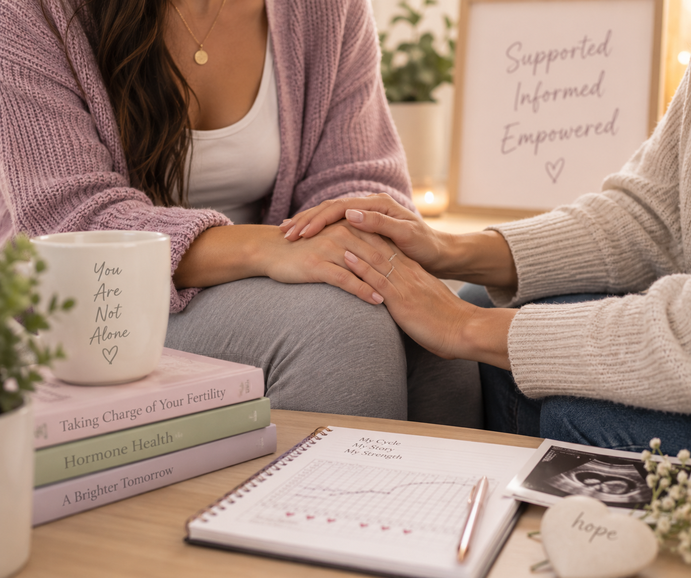 Two people holding hands during a supportive fertility conversation